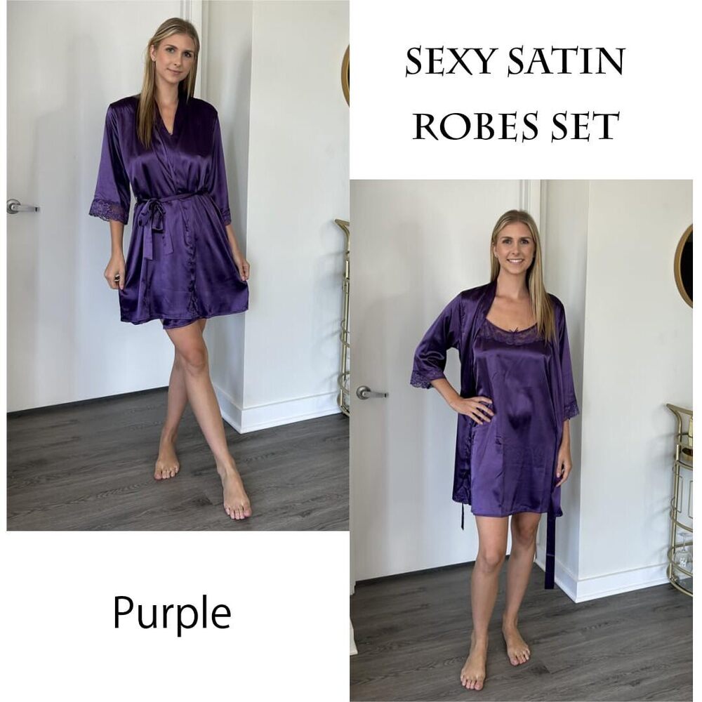 1289 Sleepwear Satin Nightgown with Robes Set 2 Piece Sexy Lace Cami - Picture 2 of 5